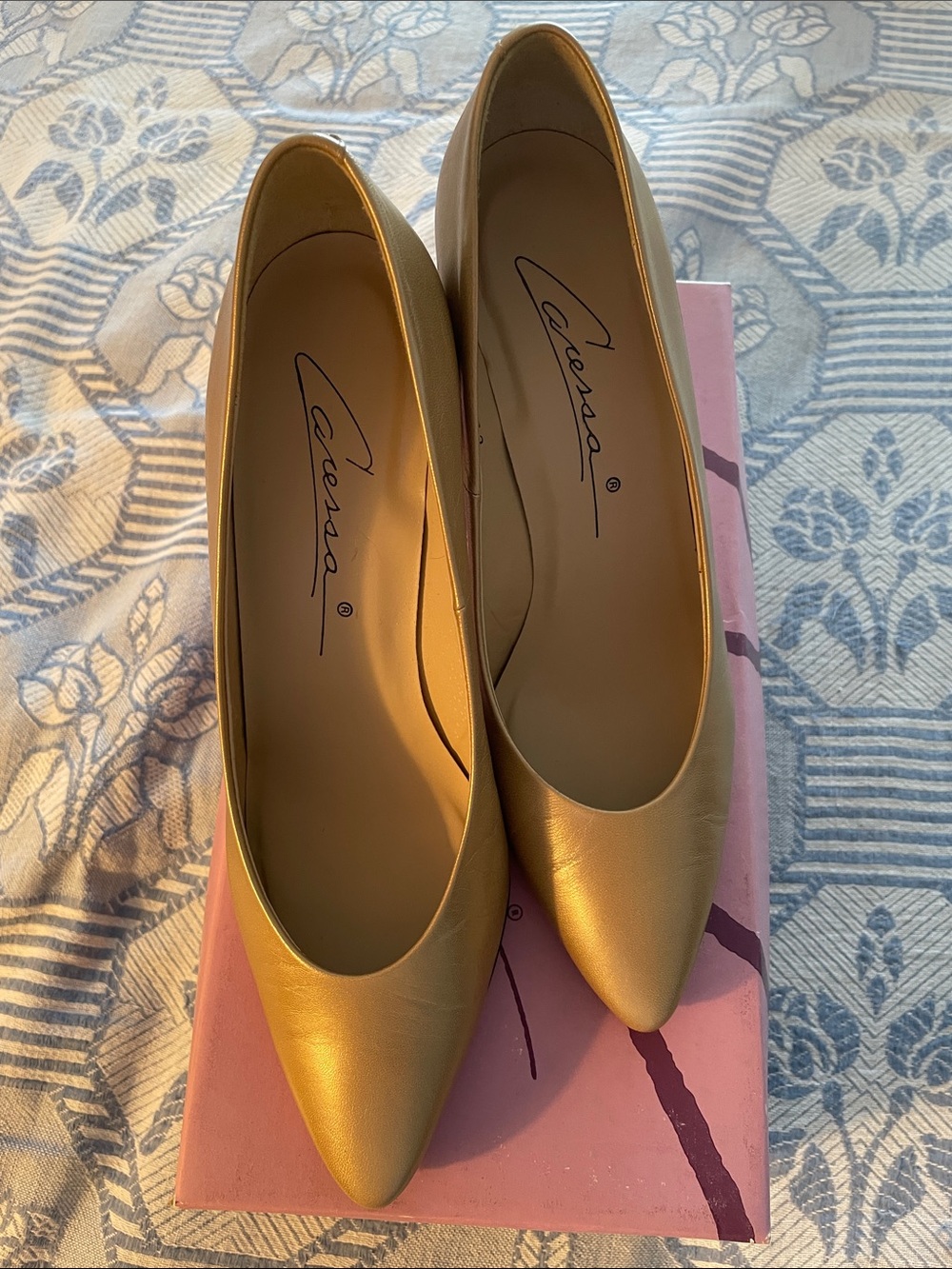 Caresss Metallic Gold Pointed-Toe medium Heels
